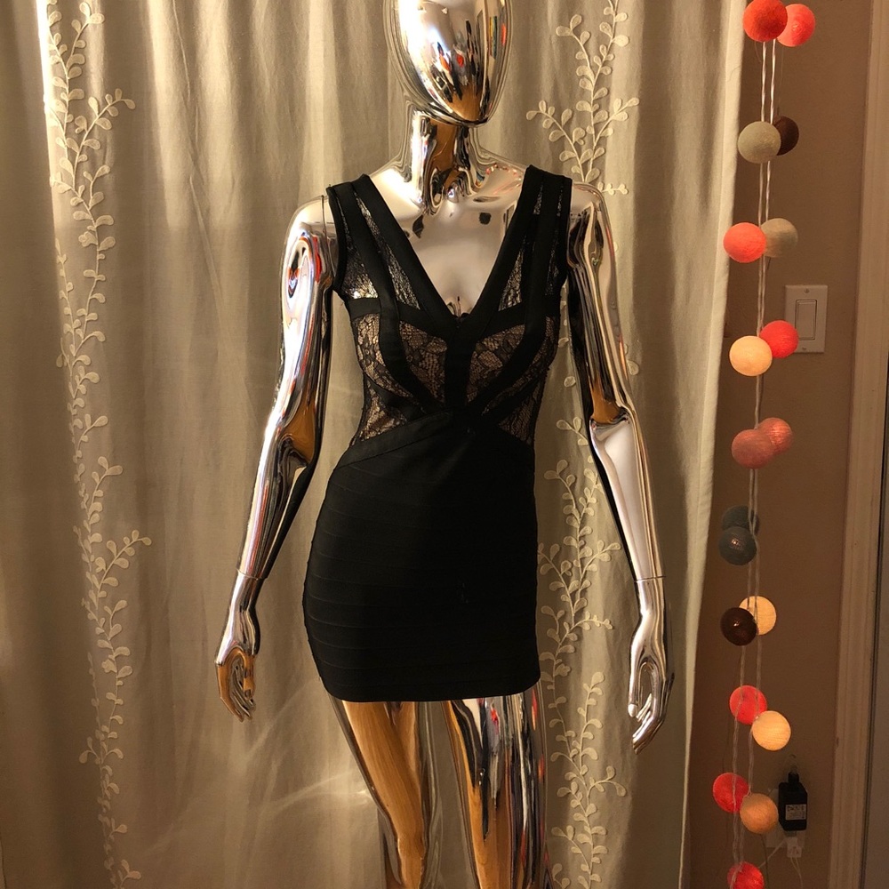 Black Lace Geometric Bandage Dress
